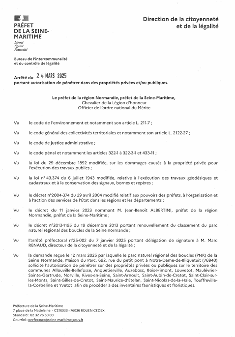 Arrêté du 24/03/2025 portant aurorisation de pénétrer dans les propriétés privées et publiques